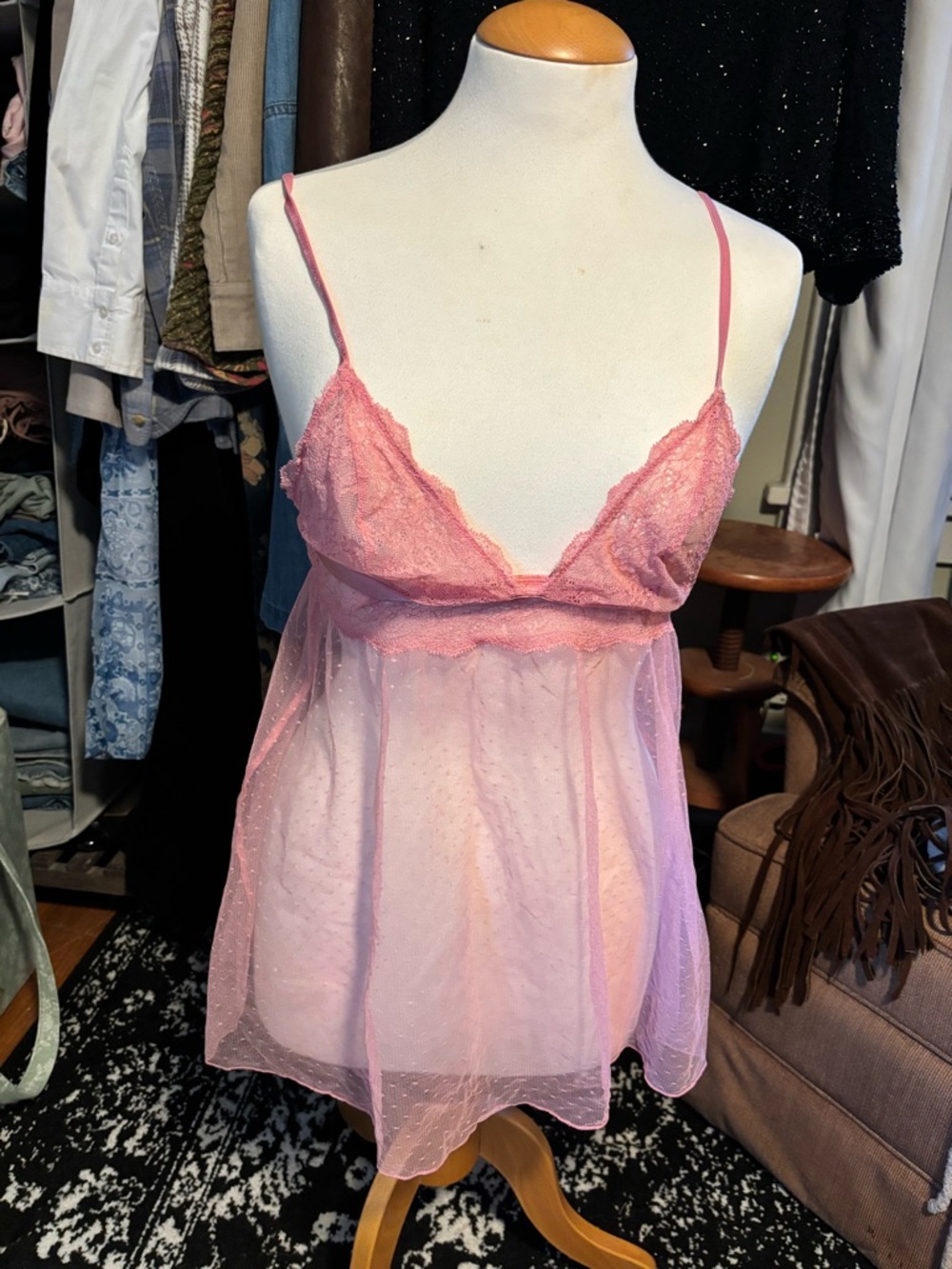 Victoria’s Secret Y2K Sheer Babydoll Lace Mesh Polka Dot Slip Size Large